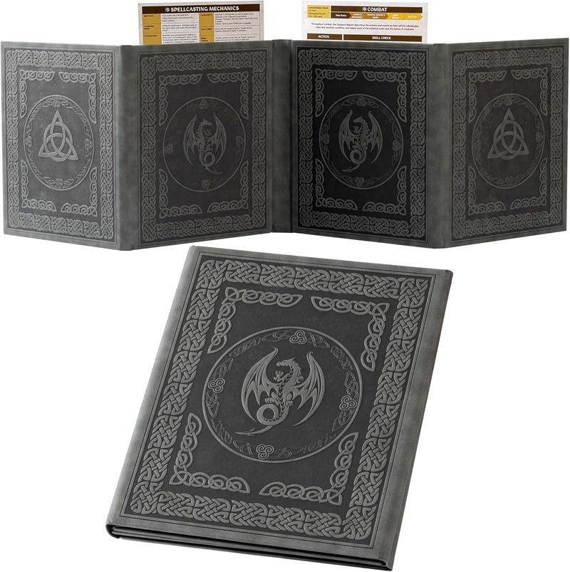 Soar Forge DM Screen for DND with 4 Wider Panels - Crystal Clear GM Pockets - Embossed Faux Leather Dungeon Master Screen with Celtic Knot & Dragon Design for D&D 5e & More - Image 1